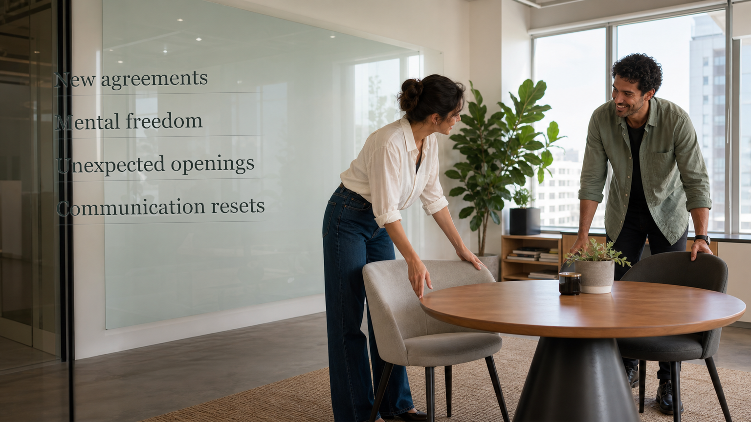 Two people rearranging chairs in a bright meeting room with relationship change themes written on glass