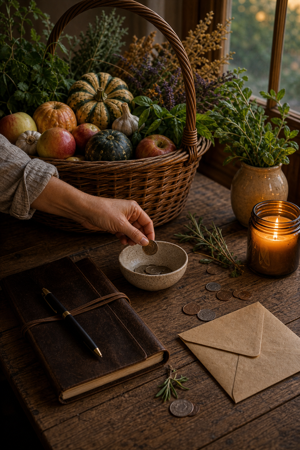 Harvest Moon money ritual table with autumn produce, candlelight, coins, a plain envelope, and a closed notebook