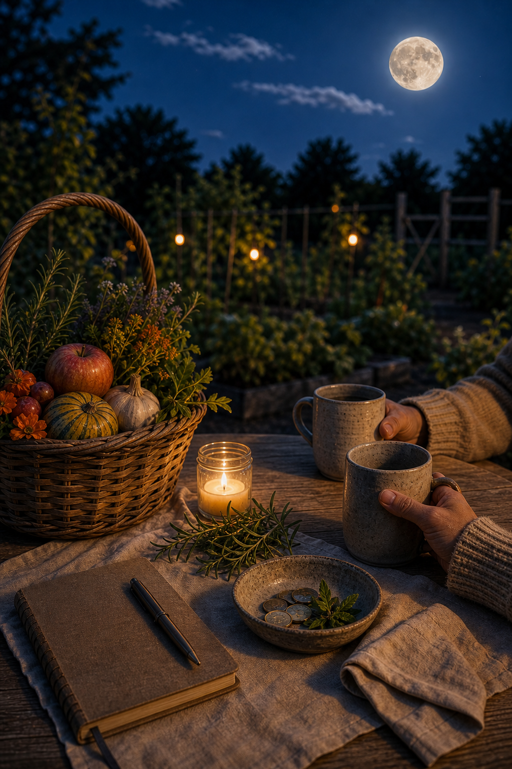 Quiet Harvest Moon gratitude table with garden produce, mugs, candlelight, herbs, and a small bowl of coins
