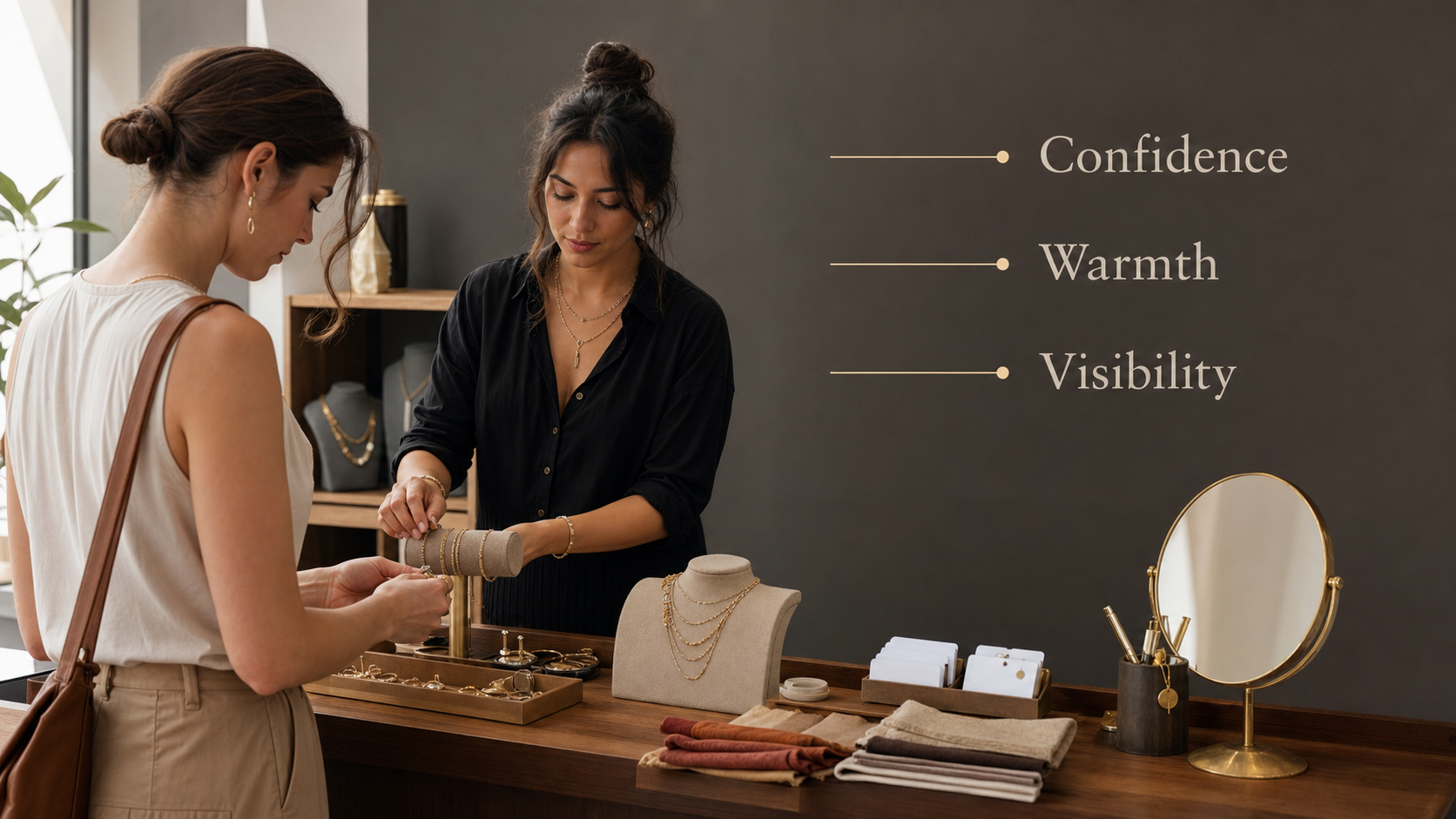 A jewelry counter with confidence warmth and visibility labels for Stones for Leo Season Confidence