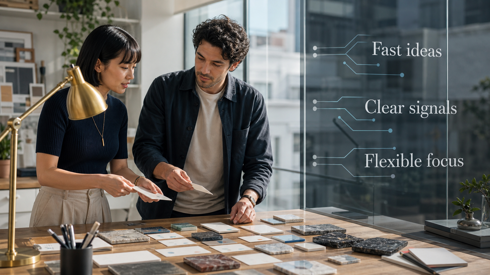 Two adults sort material samples with fast ideas labels for Uranus in Gemini energy