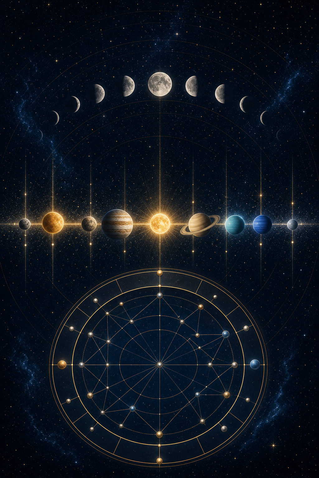 July 2026 astrology transits image with moon phases, planet orbs, and an unlabeled birth chart wheel