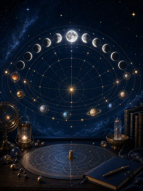July 2026 astrology guide image with moon phases, glowing transit orbs, and a clean celestial calendar arc