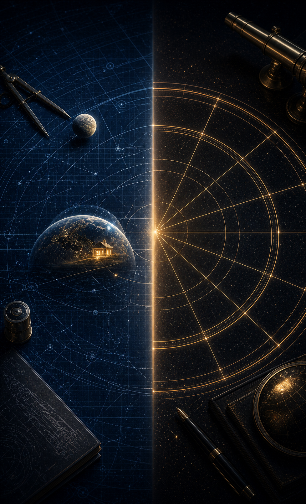 Symbolic astrology analysis image with a gold natal chart wheel balanced against cool engineering grid lines