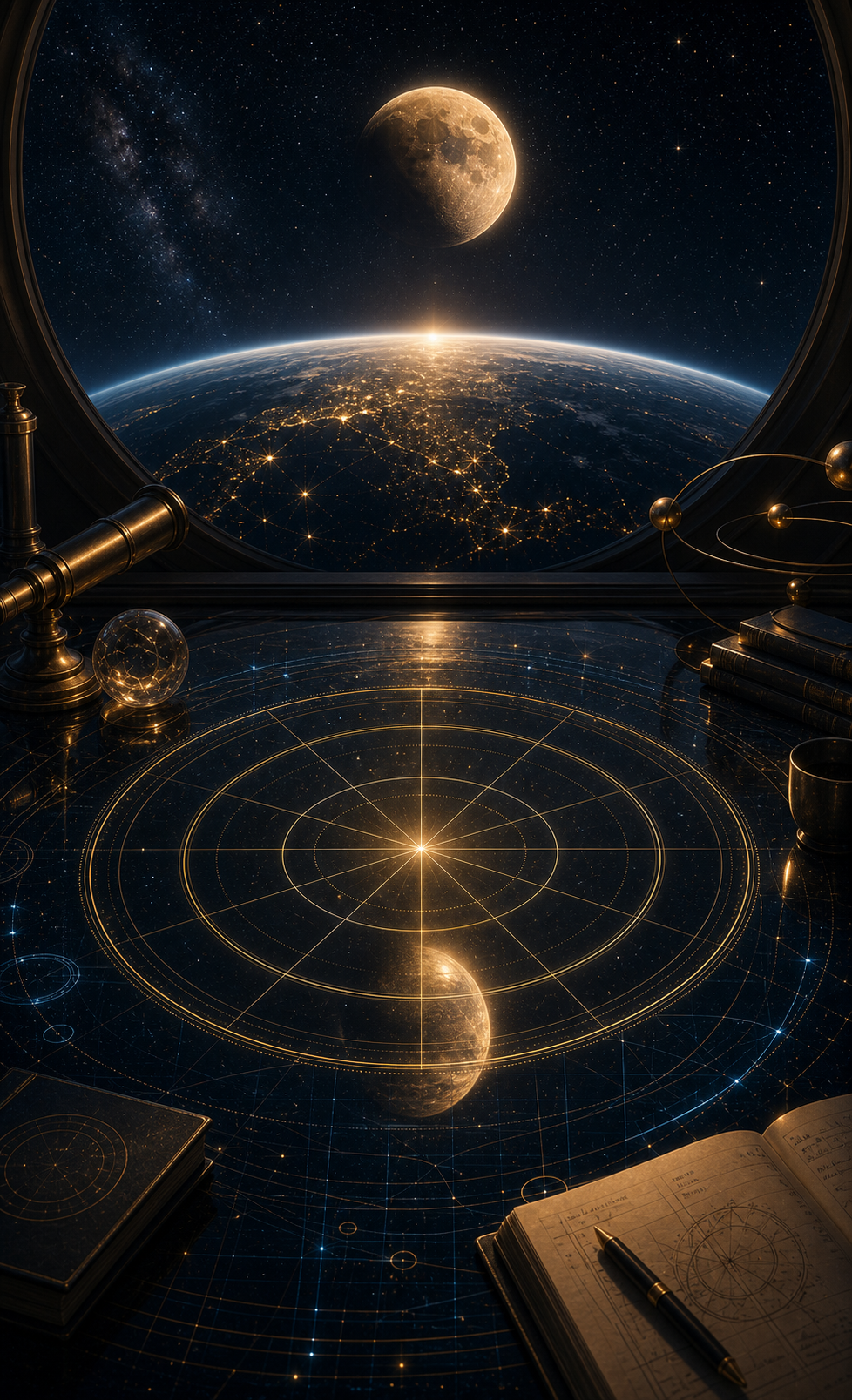 Astrology reflection image with Earth horizon, moonlit glow, orbital paths, and clean chart geometry