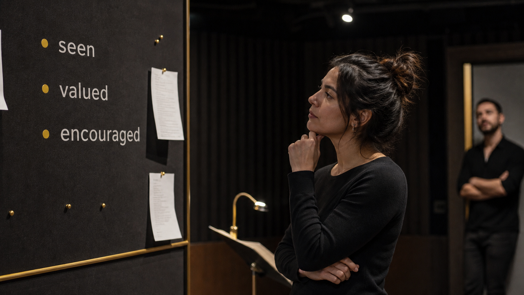 Rehearsal studio scene with seen valued and encouraged labels for Leo validation