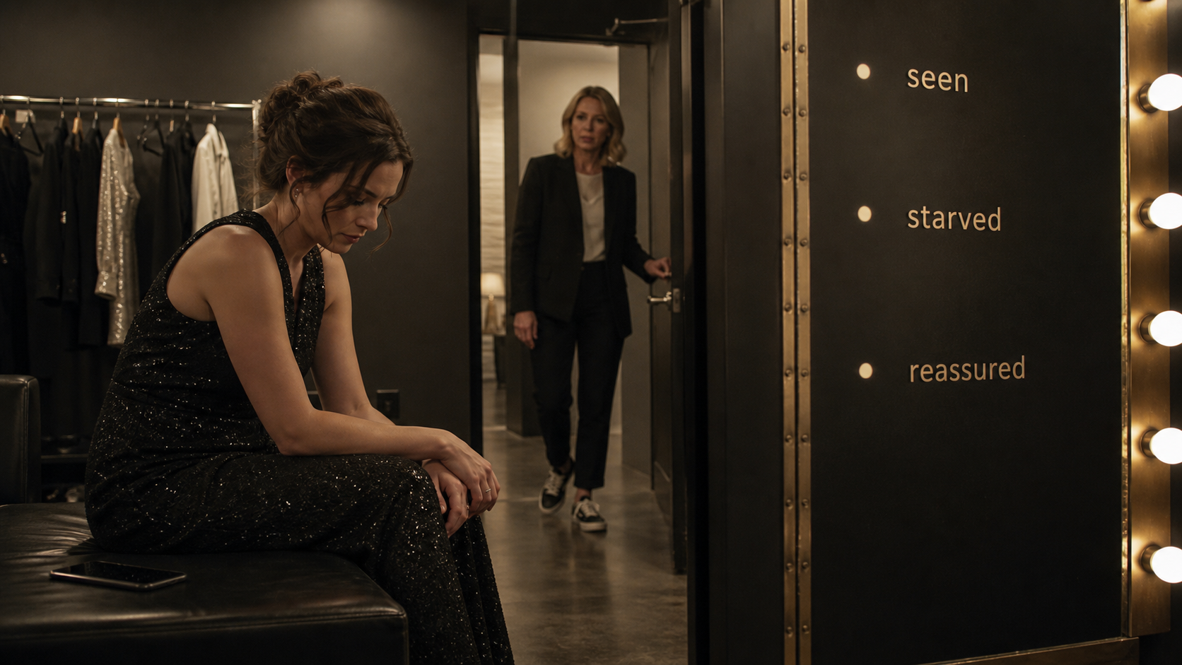 Backstage scene showing when Leo validation feels starved and needs reassurance