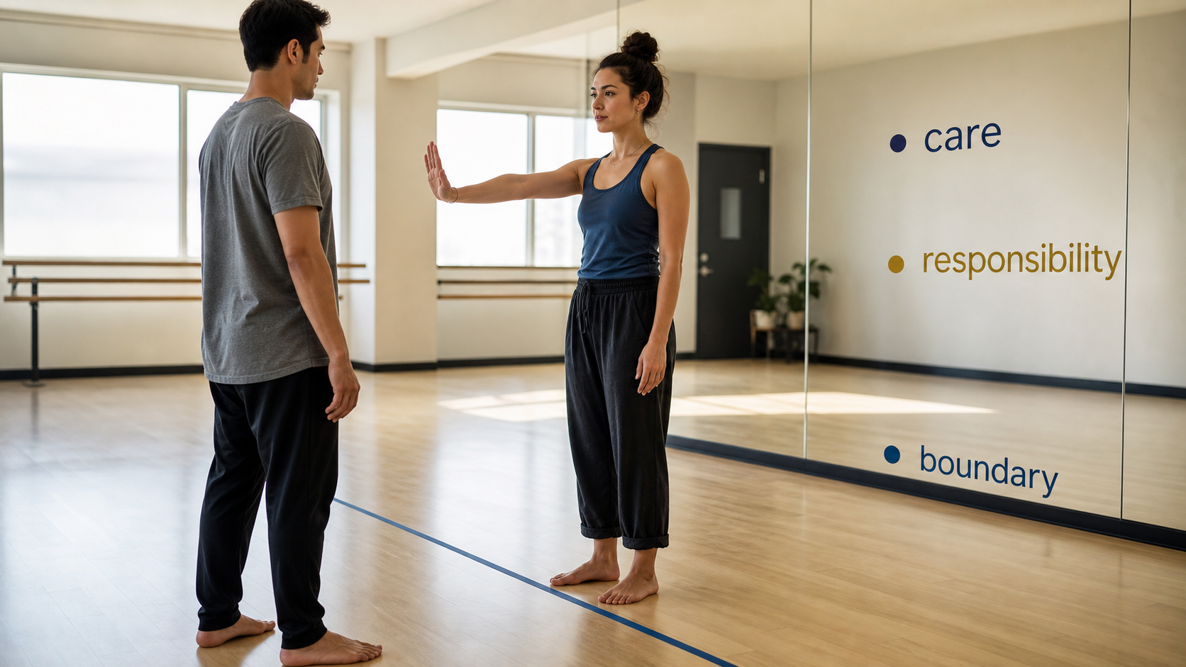 Modern movement studio scene showing care responsibility and boundary labels for Pisces boundaries