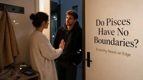 Modern apartment doorway scene showing Pisces boundaries through empathy pause and a clear no