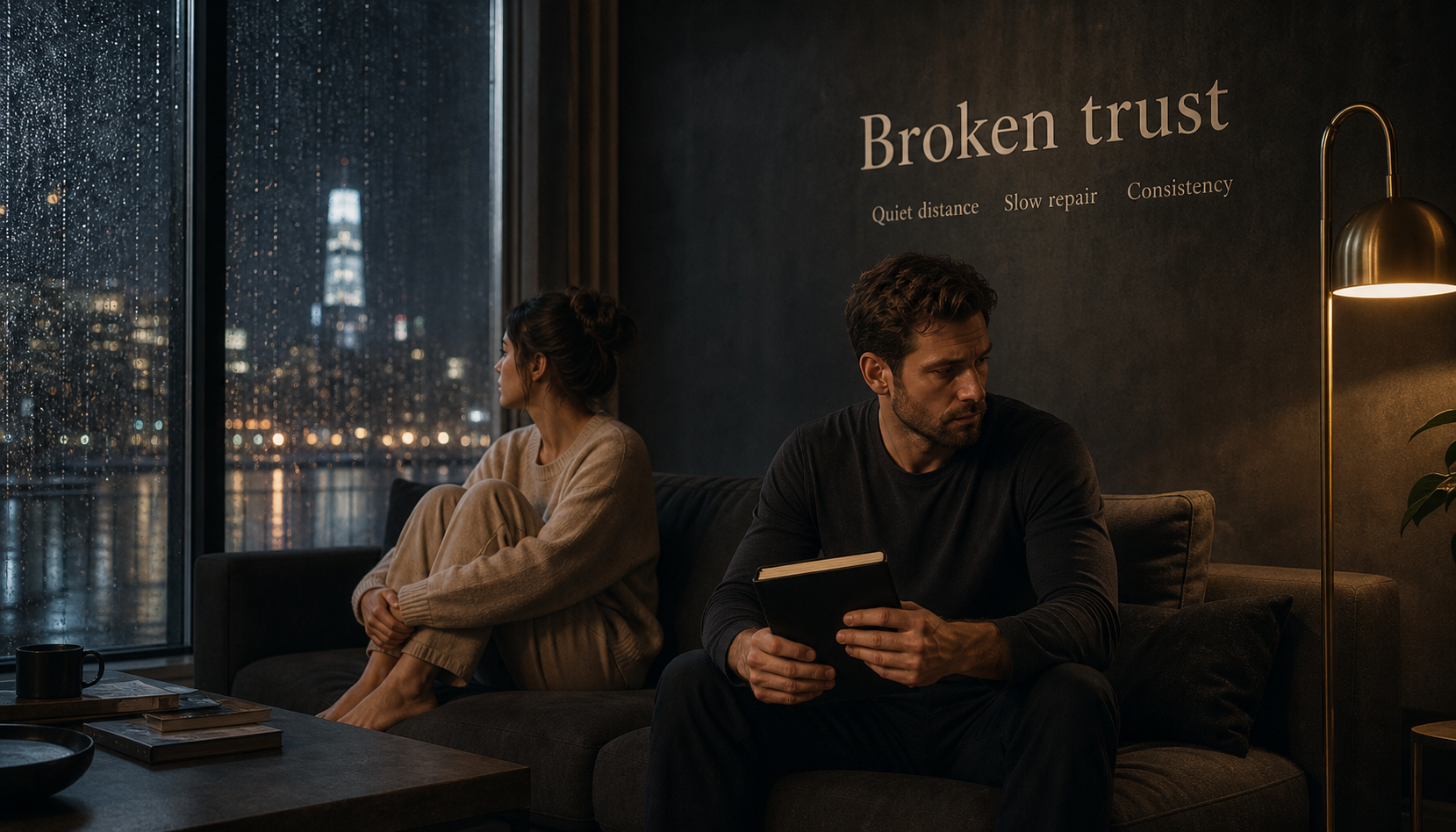 Modern apartment scene showing broken trust, quiet distance, and slow repair for Scorpio grudges