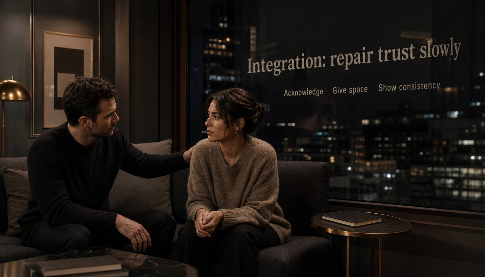 Modern apartment scene showing how to repair trust slowly after a Scorpio grudge
