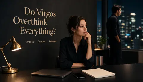 Virgo overthinking article hero with a wheat stalk, a tangled thread, and a single clear thought bubble