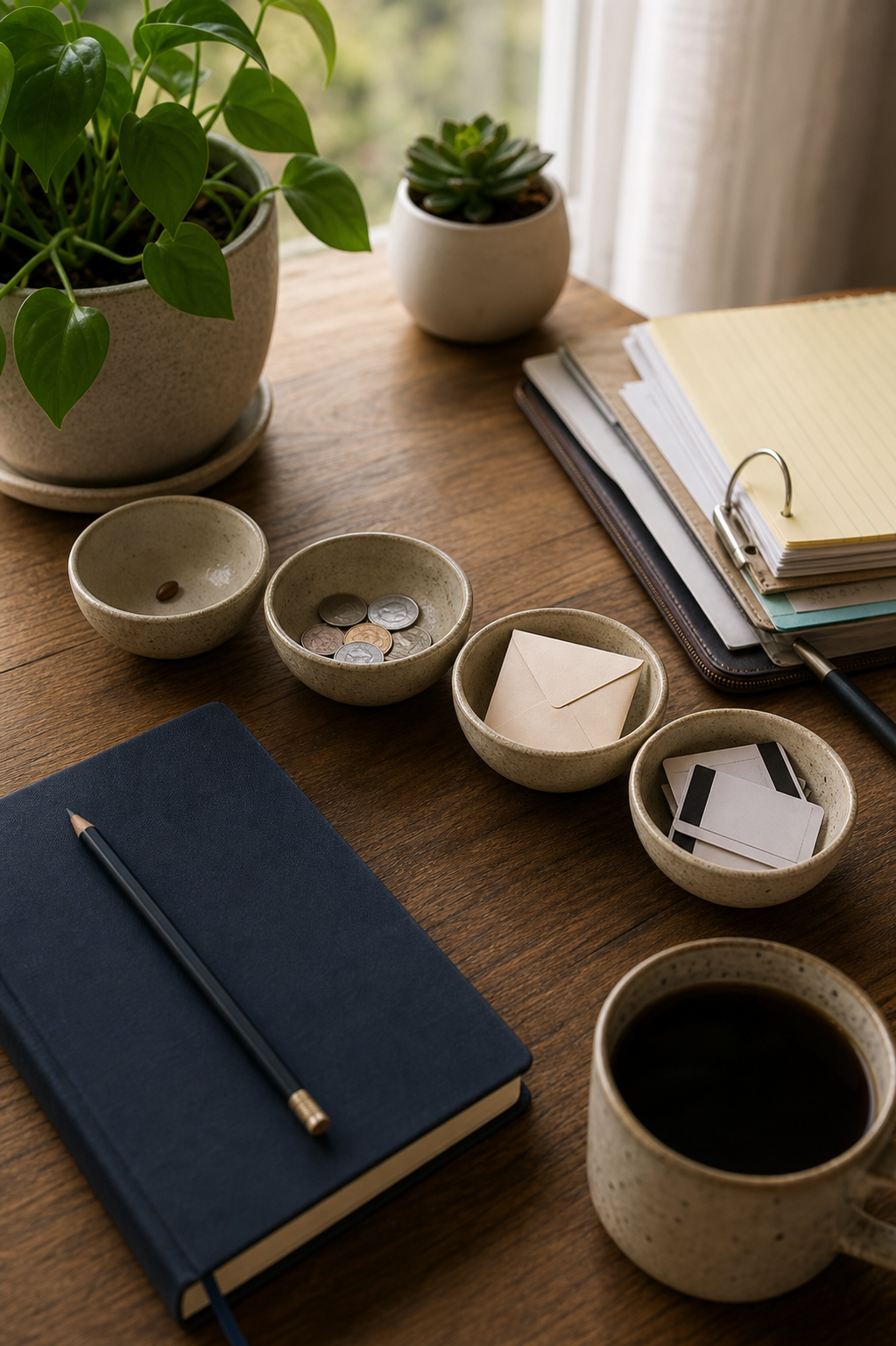 Lunar money rhythm still life with four ceramic bowls, coins, a seed, blank envelope, notebook, pencil, and houseplants