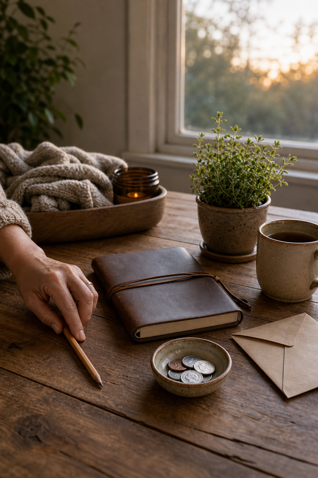 Grounded abundance money check-in with a closed notebook, coins, blank envelope, pencil, tea, and a potted herb