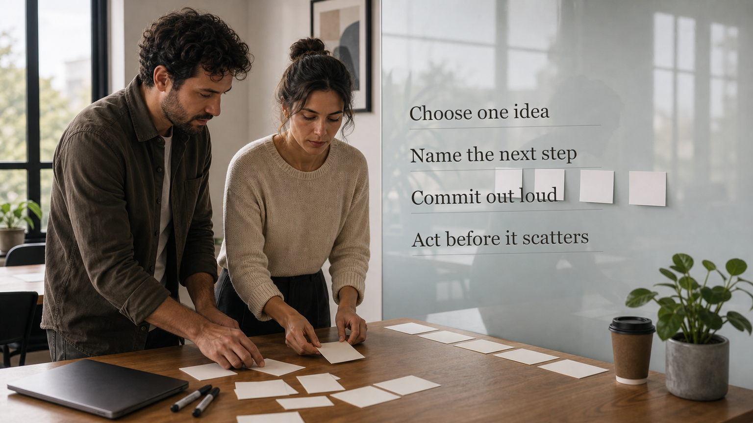 Two people sorting blank idea cards beside a glass wall with First Quarter Moon in Gemini action themes