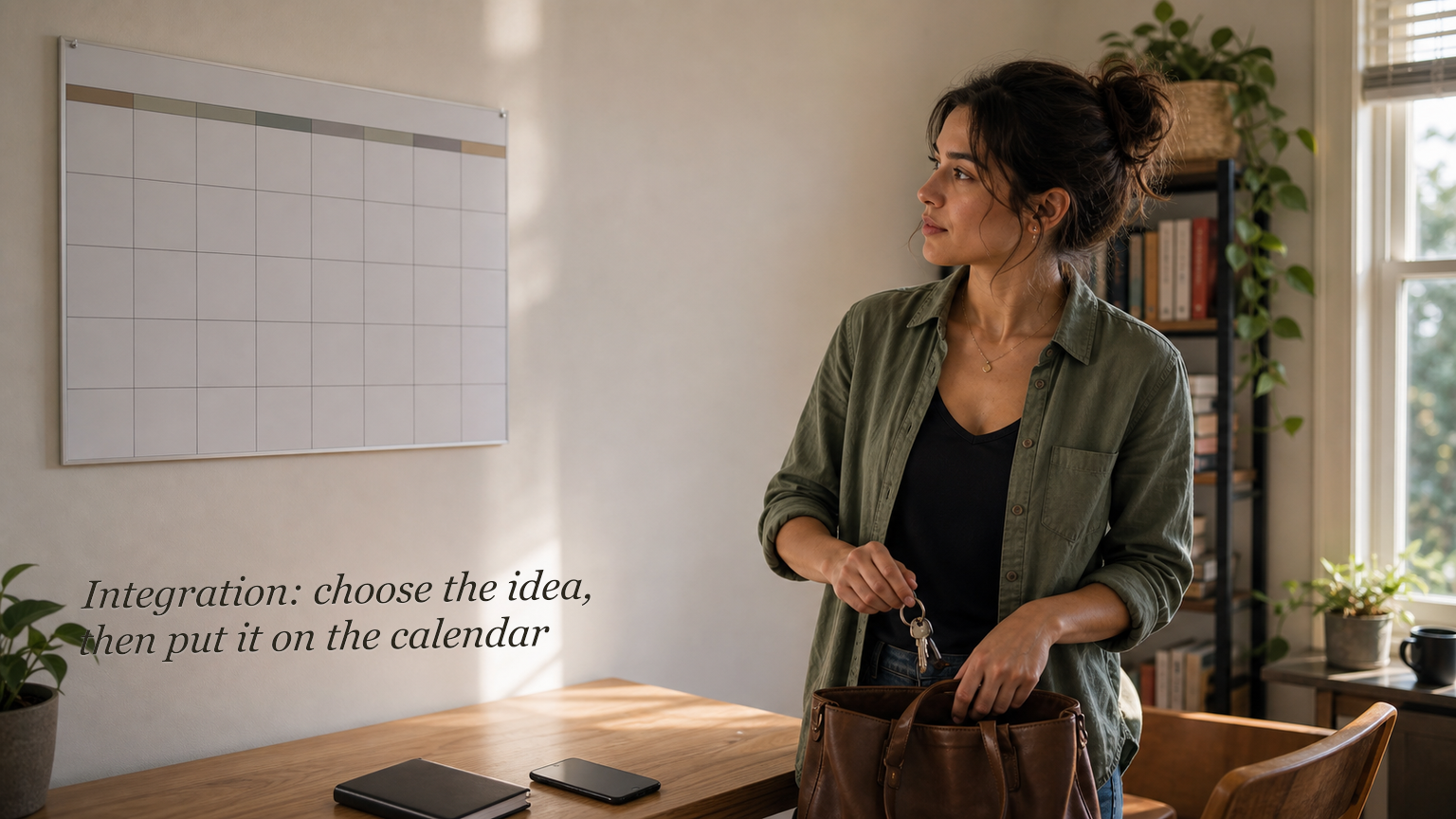 Person preparing to leave beside a blank calendar with integration guidance written on the wall