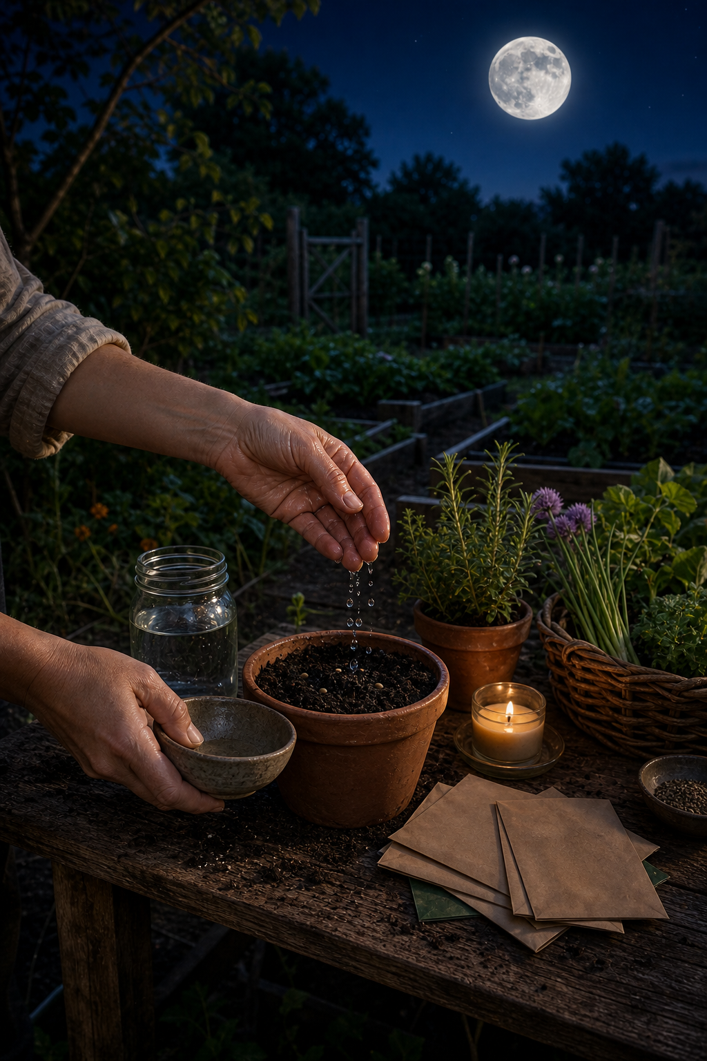 Full Moon garden ritual with hands watering soil, a jar of water, seeds turned away, herbs, candle, and moonlit garden bench