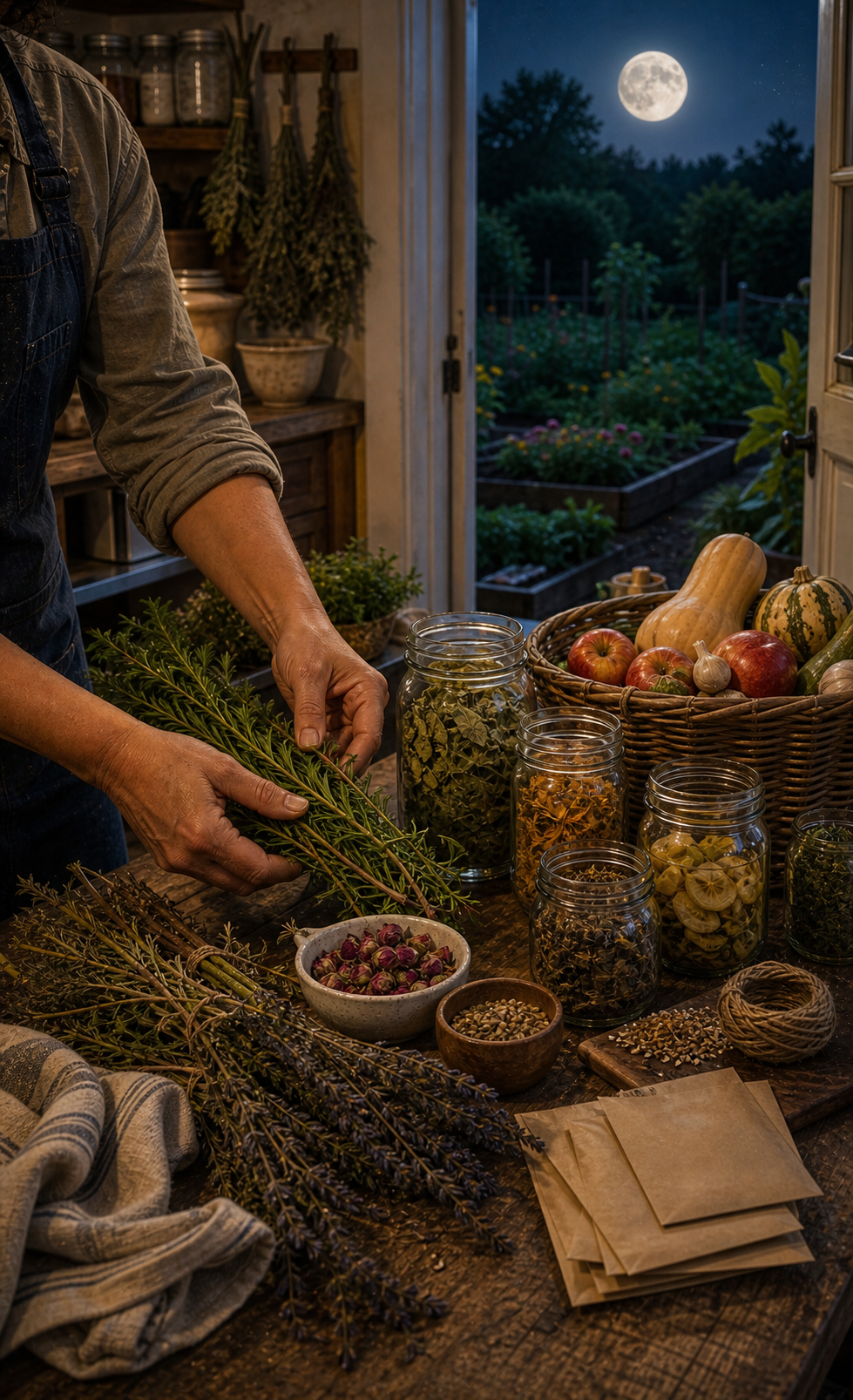Preserving the full moon harvest with jars, drying herbs, apples, squash, plain seed envelopes, and an open door to the garden