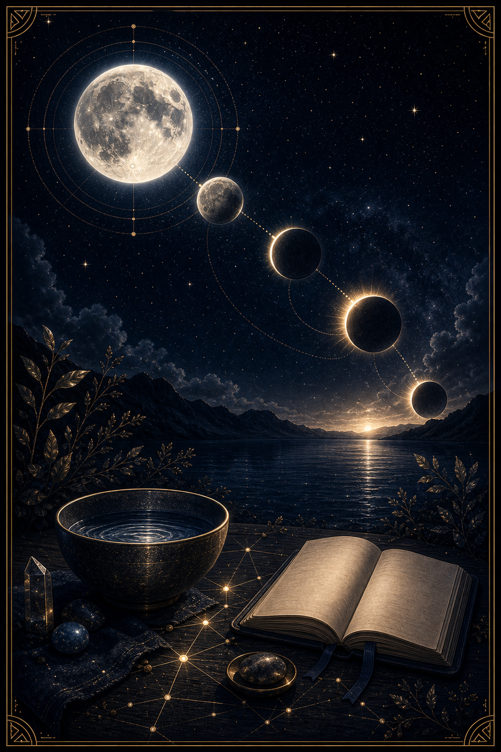 Full Moon in Aquarius July 2026 integration image with moon path, eclipse shadows, water vessel, and journal