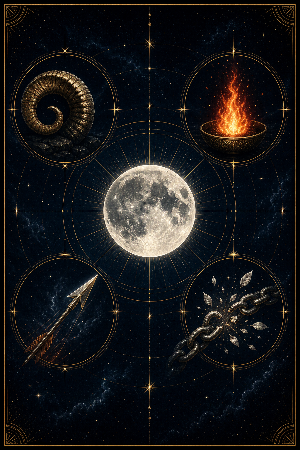 Full Moon in Aries September 2026 image showing ram horn flame arrow and release symbols