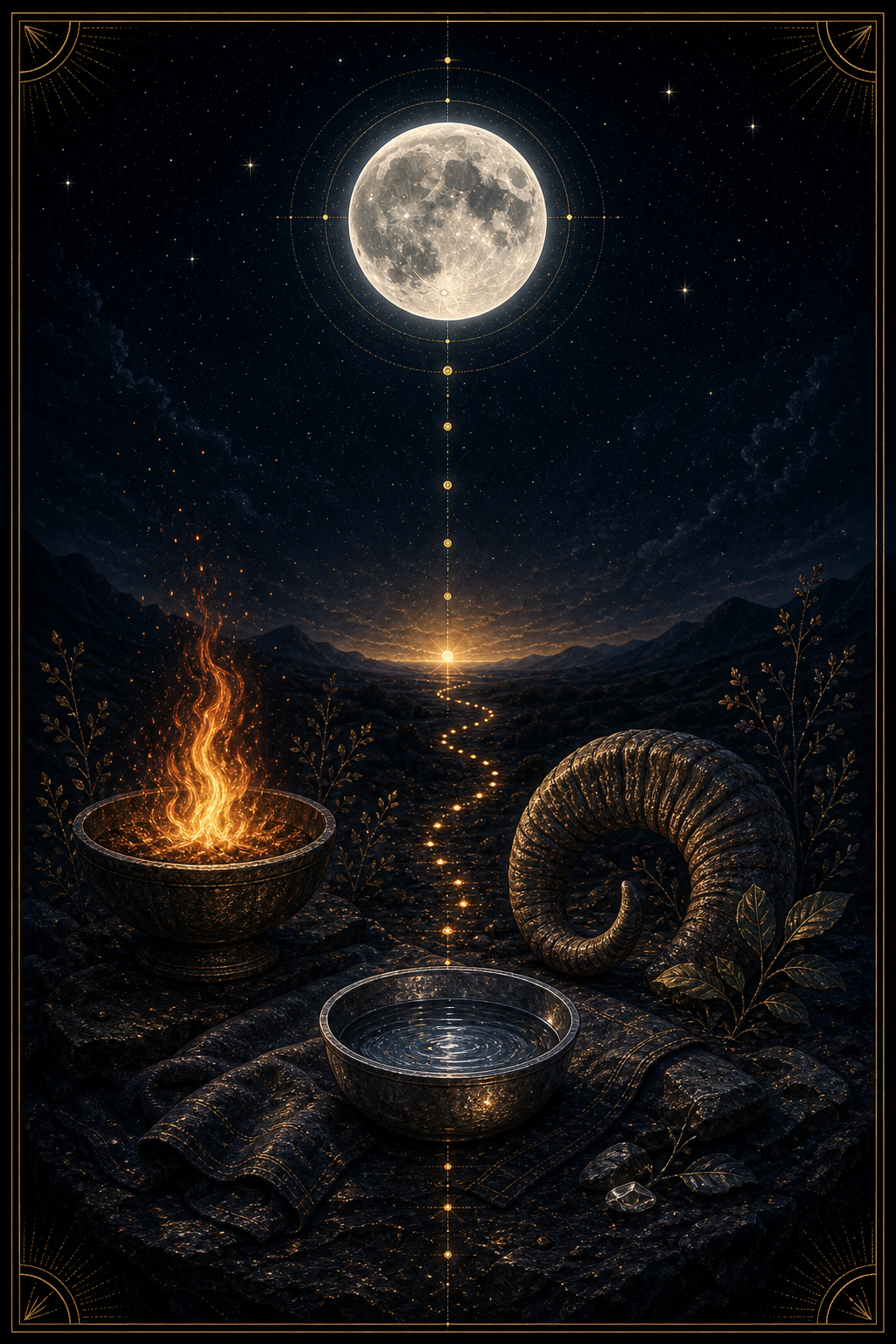Full Moon in Aries September 2026 integration image with full moon flame ram horn and water bowl