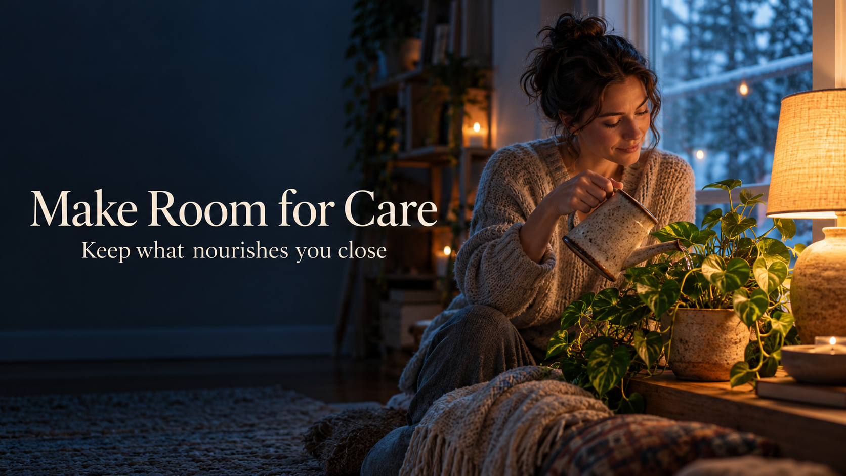 Make room for care: tending plants in a warm, moonlit home