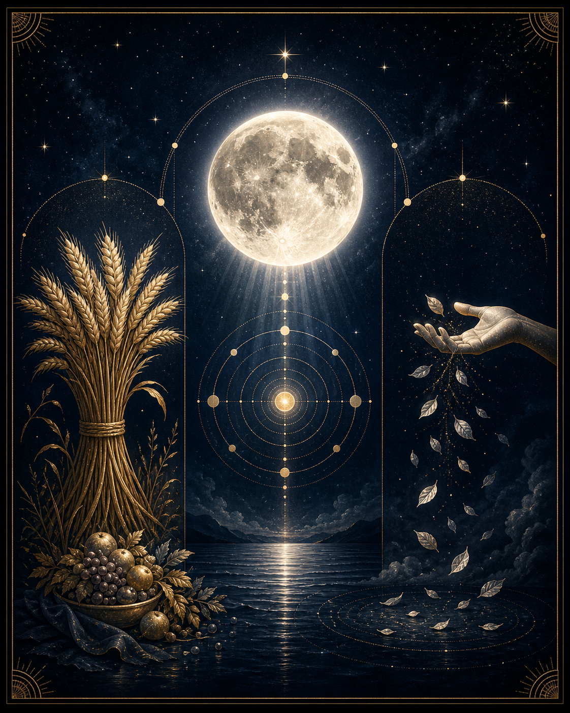 Full moon meaning astrology image showing culmination, harvest, revelation, and release symbols