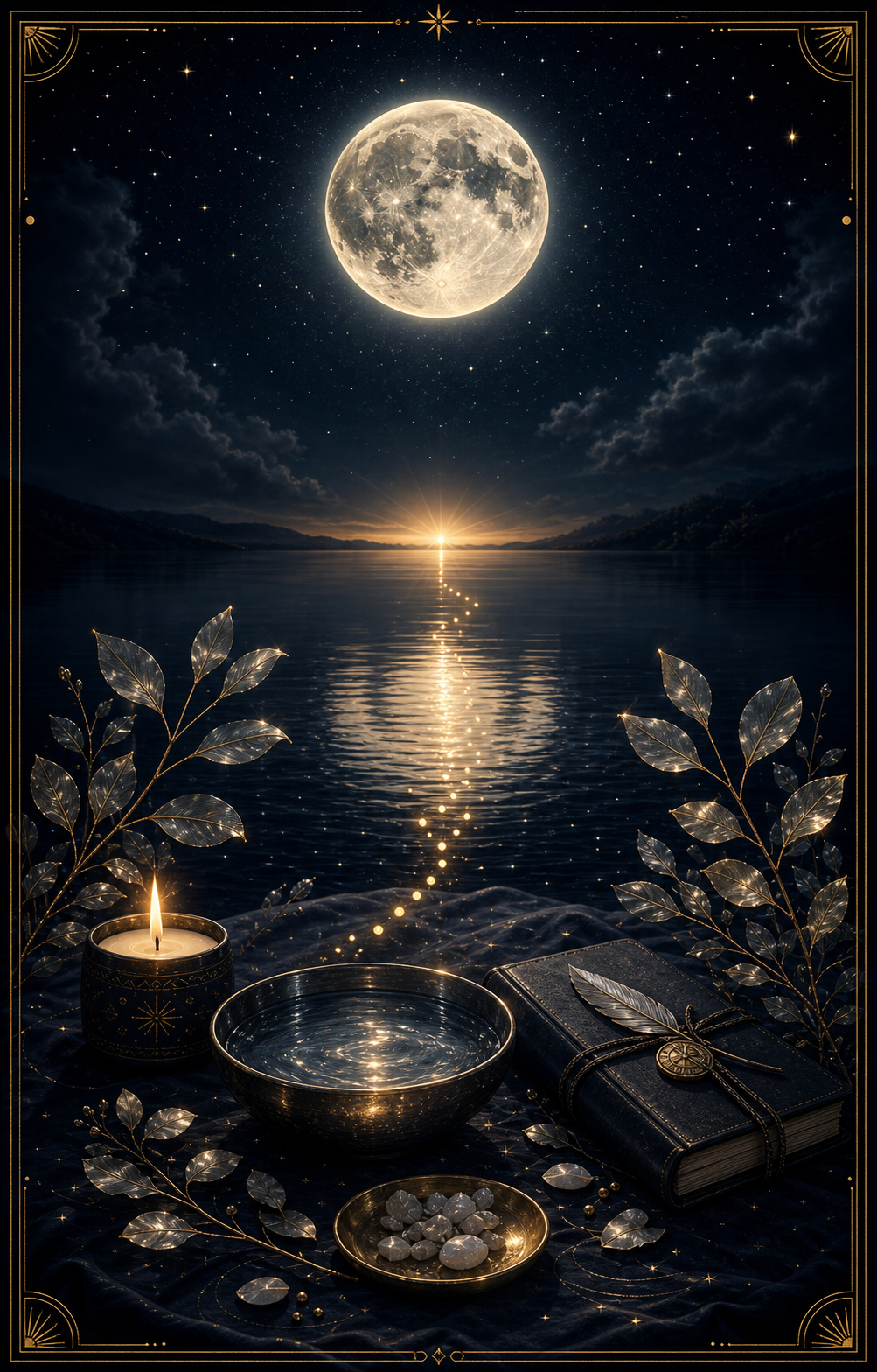 Full moon ritual integration image with moonlight, water, candle, journal, and release symbols