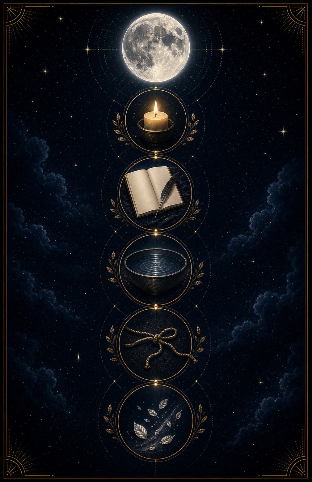 Full Moon release ritual steps image with candle journal water bowl untied cord and silver leaves