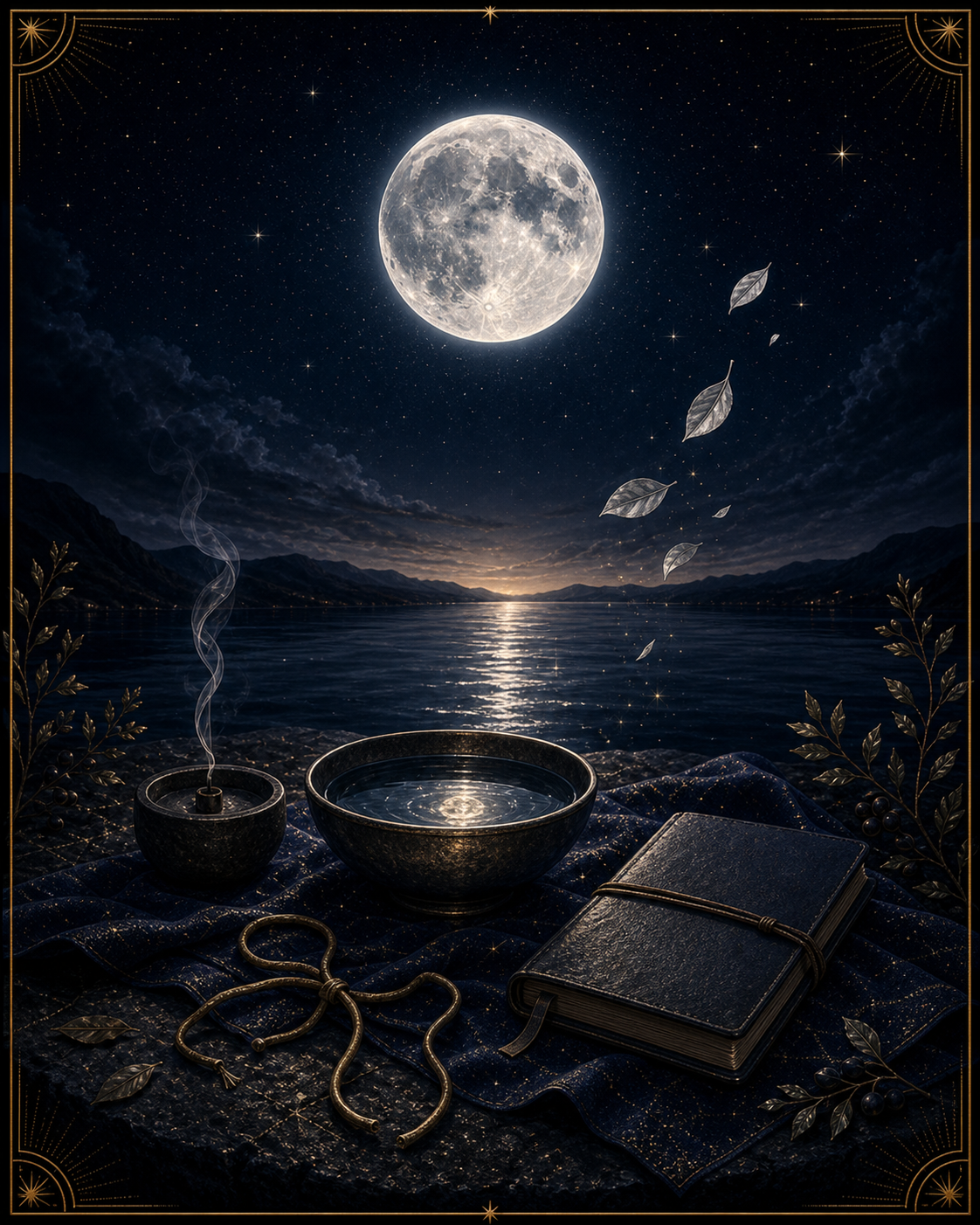 Full Moon release ritual integration image with extinguished candle water bowl untied cord and blank journal