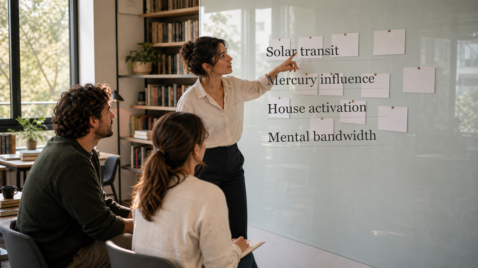 Group learning session beside a glass board with Gemini Season themes written into the surface