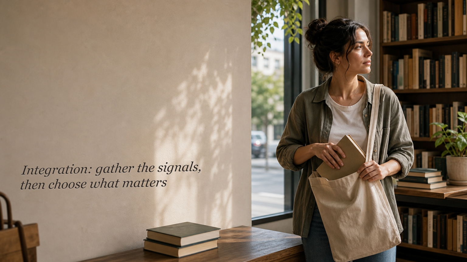 Person in a bookstore tucking a book into a tote with integration text written on the wall