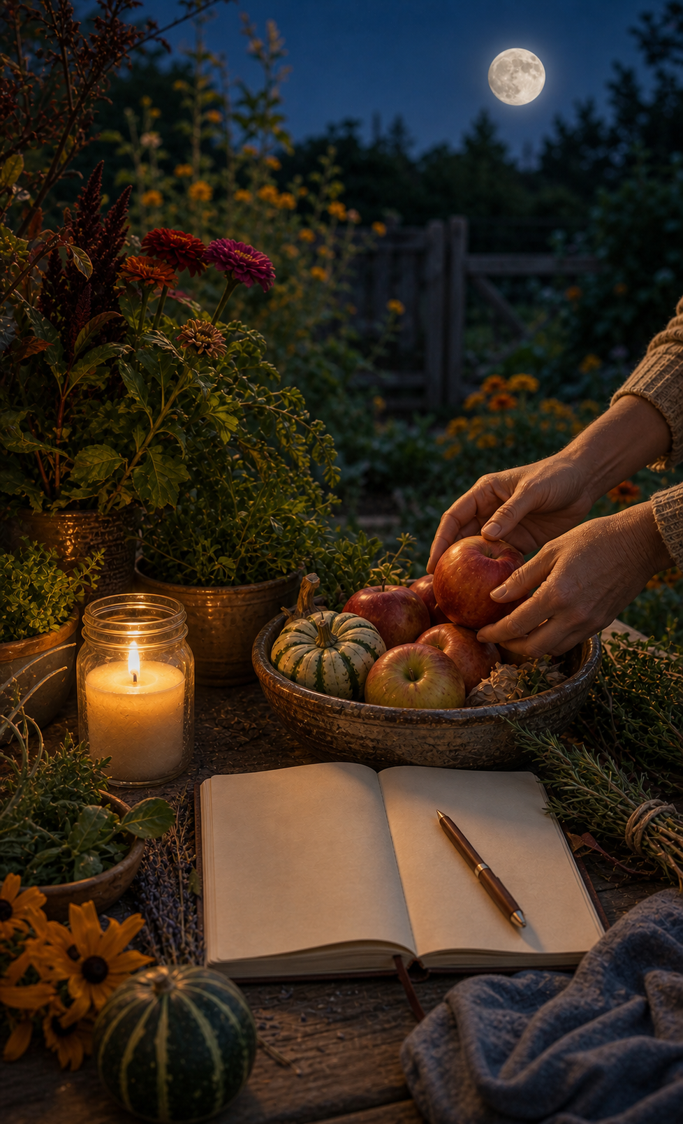 Harvest Moon abundance bowl ritual with apples, squash, herbs, a candle, and a blank journal under moonlight
