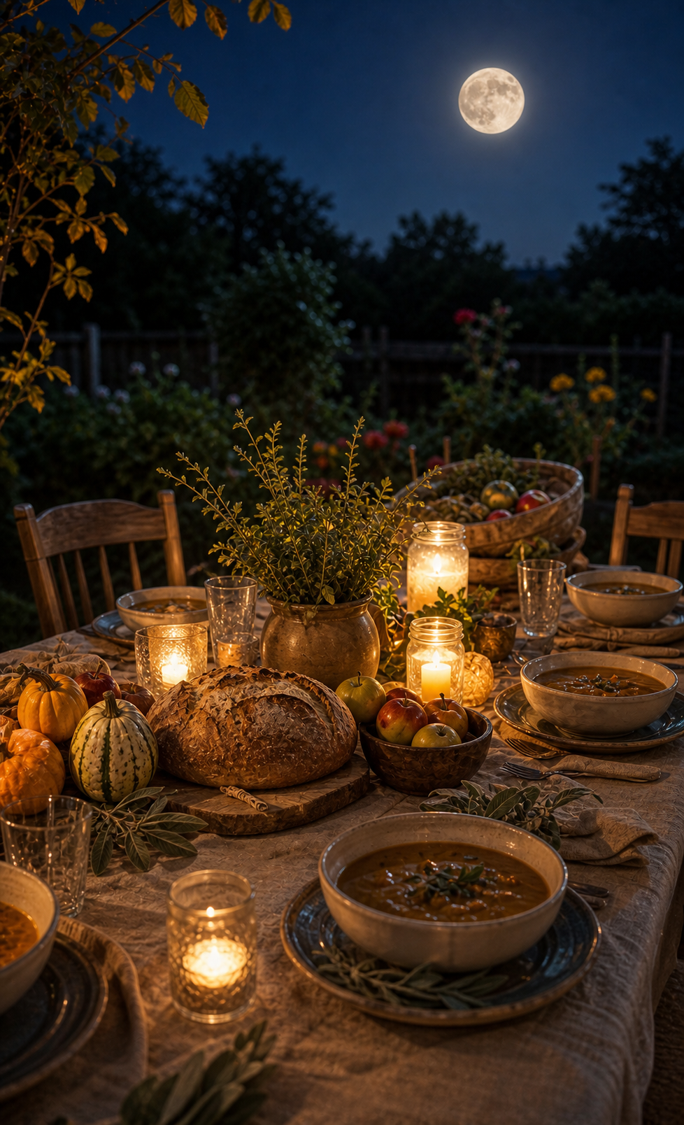 Shared harvest table outdoors with seasonal food, candles, herbs, squash, and a full Harvest Moon