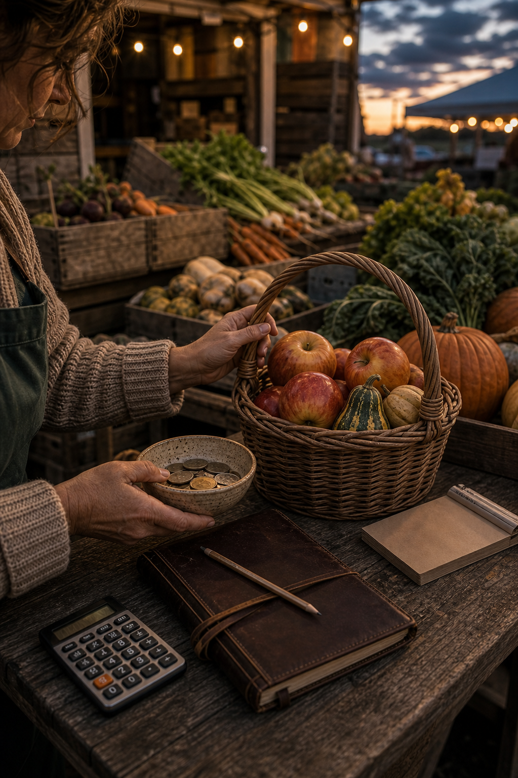Autumn market stall with harvest produce, a bowl of coins, a closed notebook, and a calculator turned away