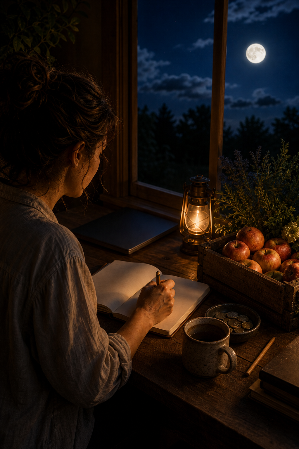 Moonlit reflection desk with a closed laptop, blank journal page, harvest apples, coins, tea, and lantern light