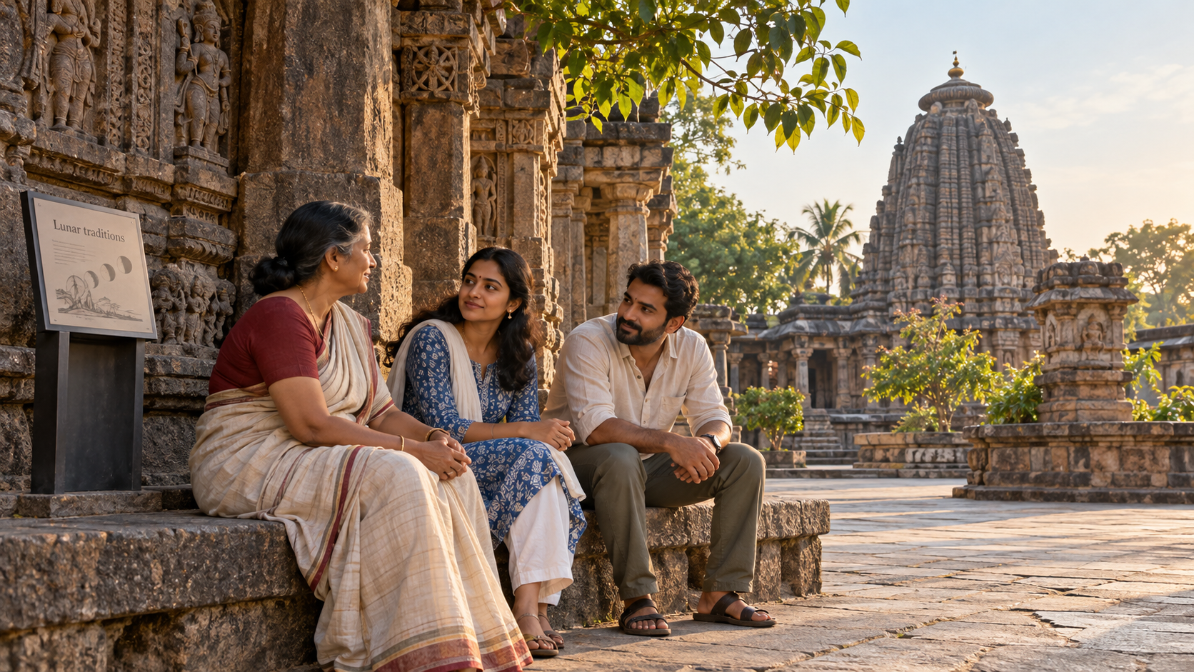 Three visitors share a quiet conversation in the shaded outer courtyard of an old Indian temple
