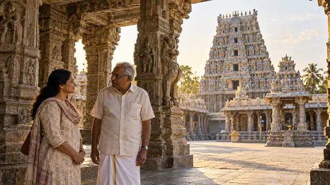 Two visitors converse among carved stone pillars overlooking a South Indian temple courtyard