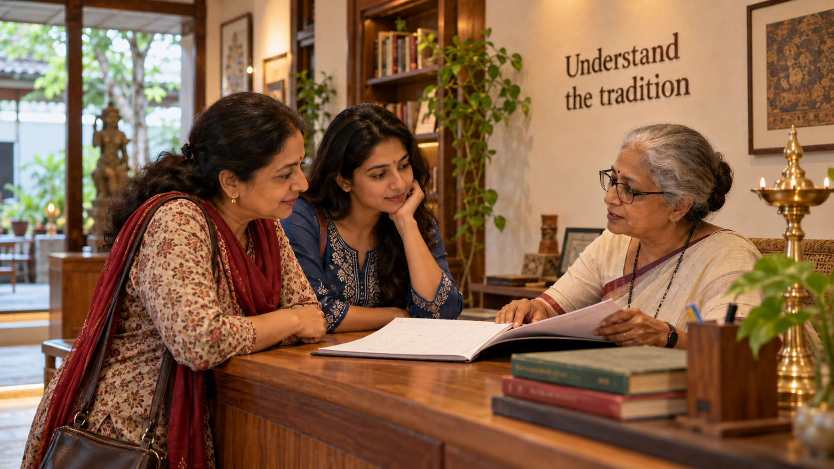 Two women consult an educator and an open calendar at a cultural center