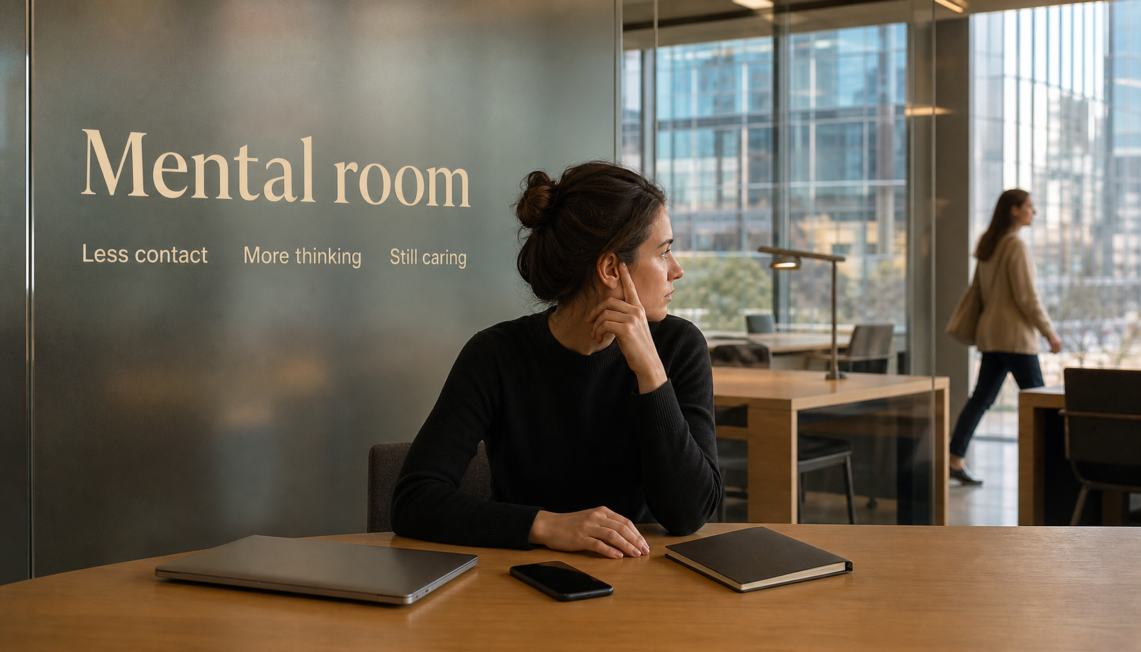Modern coworking quiet room scene showing Aquarius distance as mental room and continued care