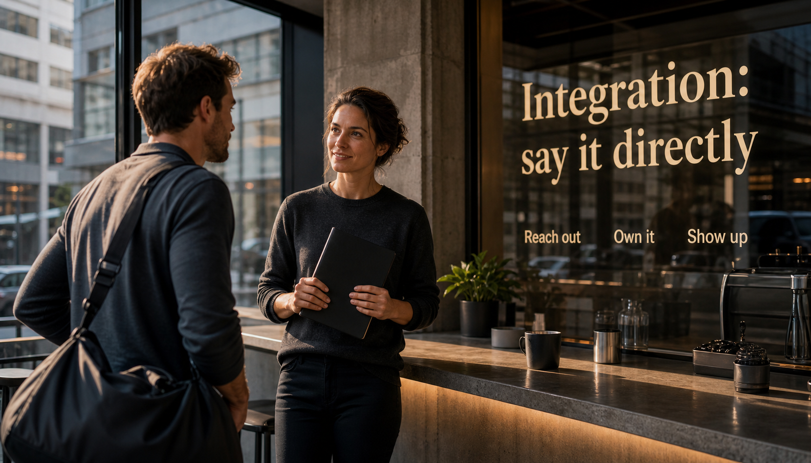 Modern city cafe scene showing Aries repair through direct honest contact