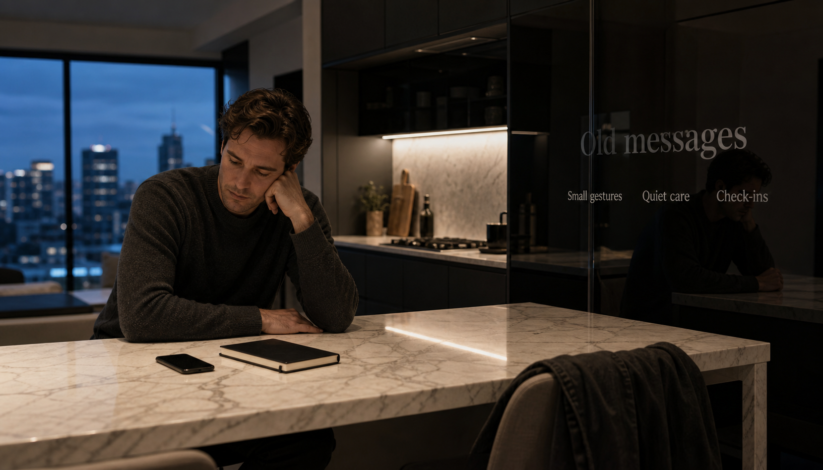 Modern city kitchen scene showing old messages, quiet care, and Cancer missing someone