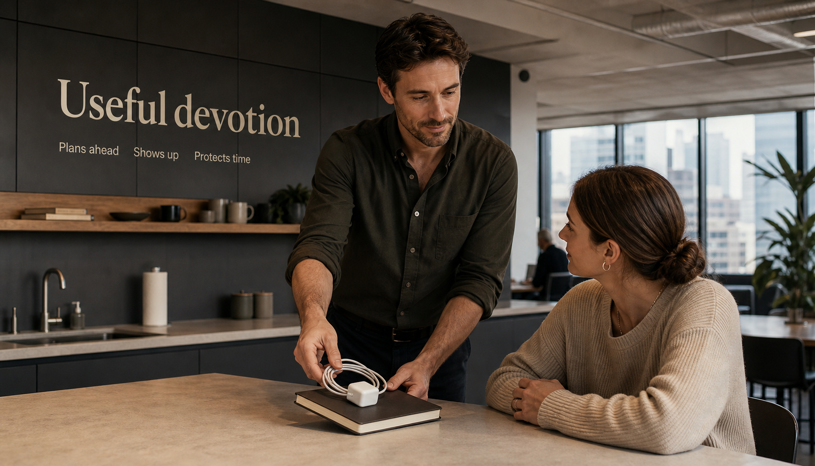 Modern workspace kitchen scene showing Capricorn affection through useful devotion and steady care
