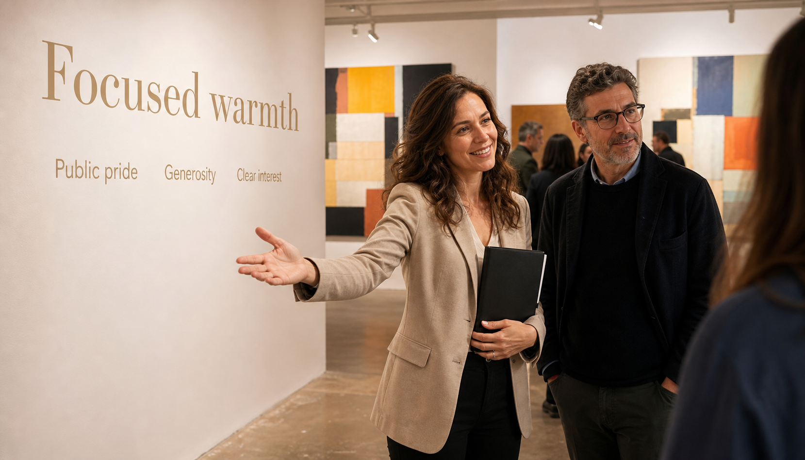 Modern gallery scene showing Leo focused warmth, public pride, and clear interest