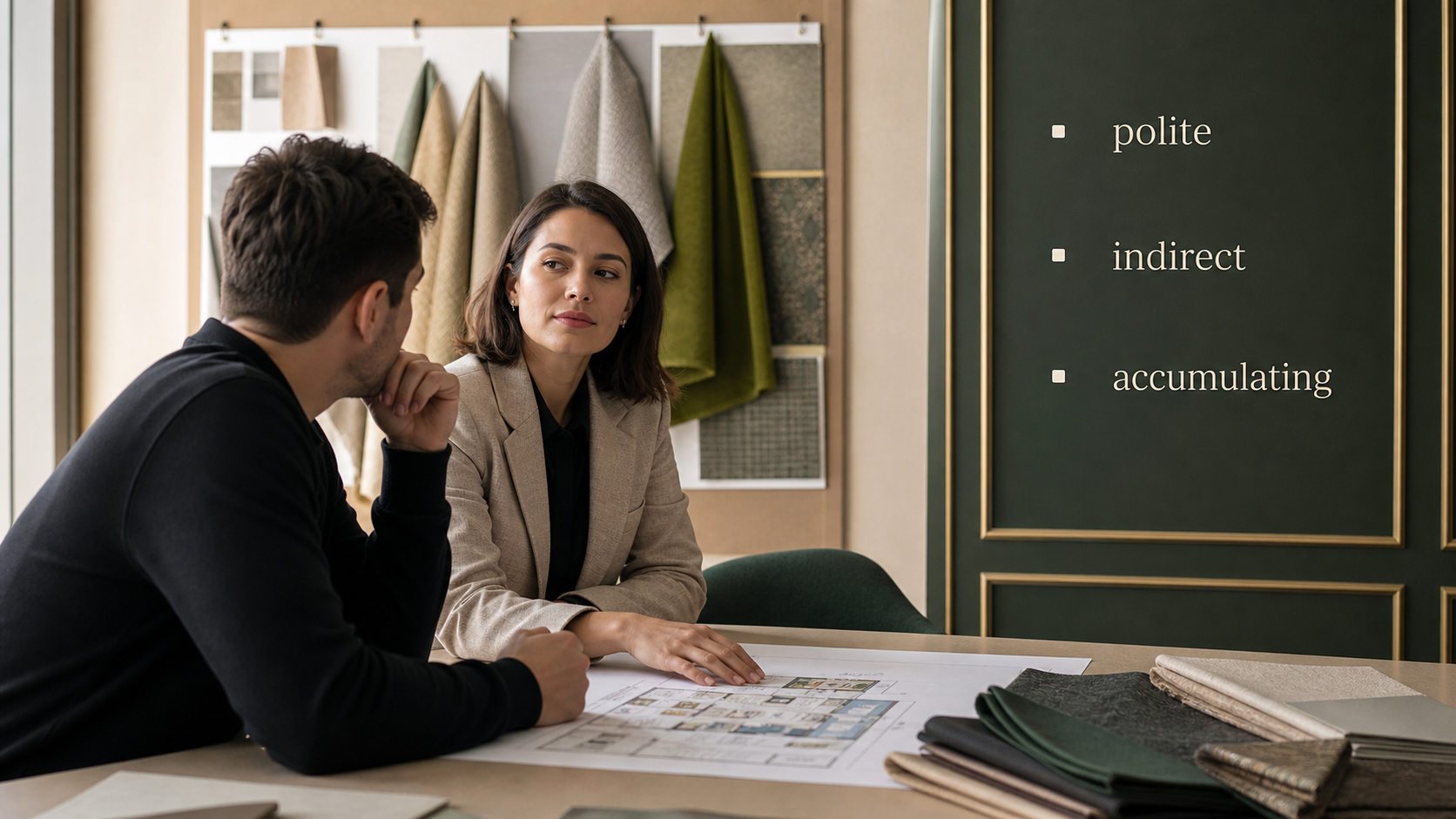 Interior design studio scene with polite indirect and accumulating labels for Libra resentment