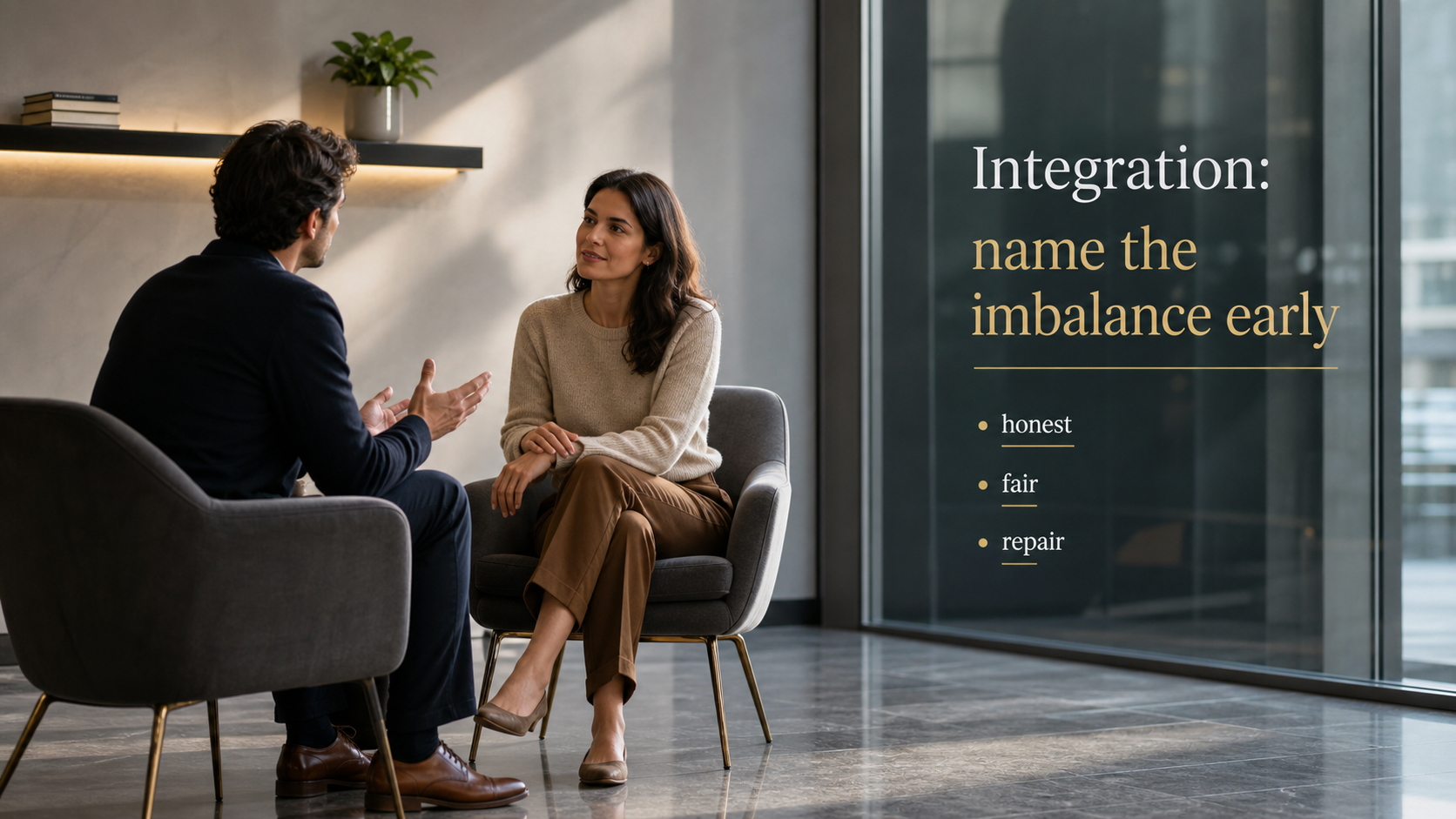 Modern lobby conversation showing how to name Libra imbalance early with honesty fairness and repair