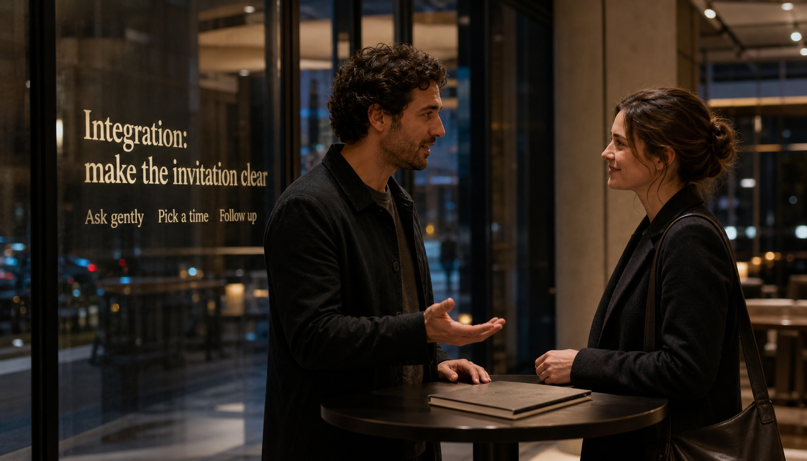 Modern restaurant lobby scene showing how to make a clear invitation when Libra misses you