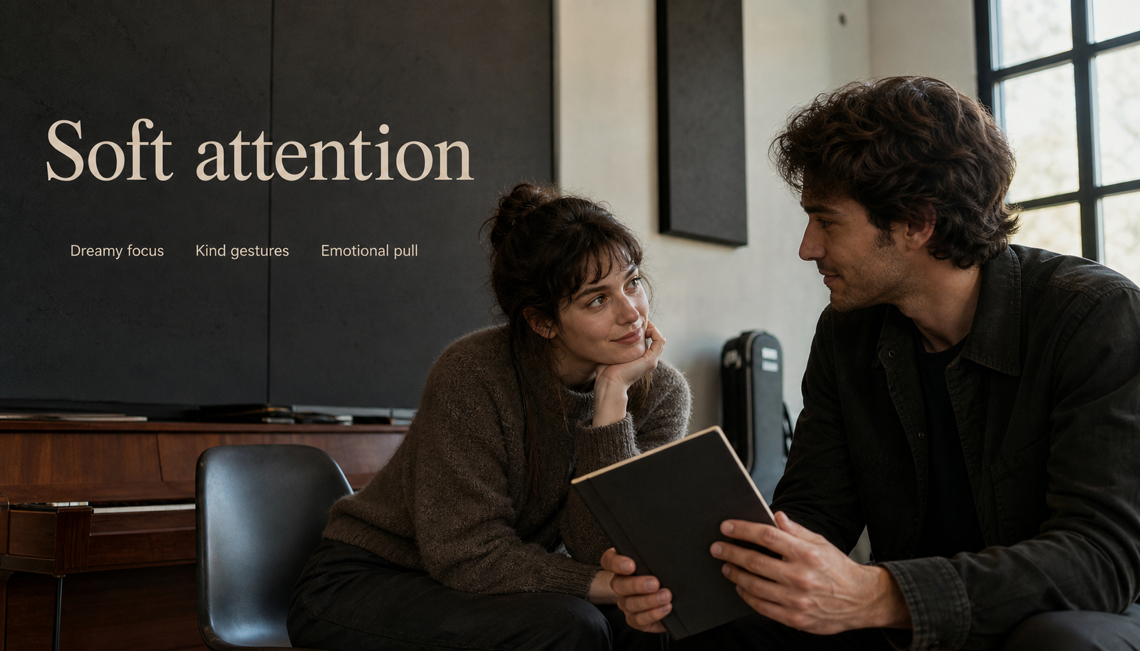 Modern music room scene showing Pisces soft attention, kind gestures, and emotional pull