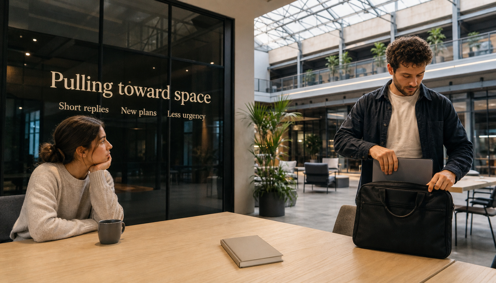 Modern coworking atrium scene showing Sagittarius losing interest by pulling toward space