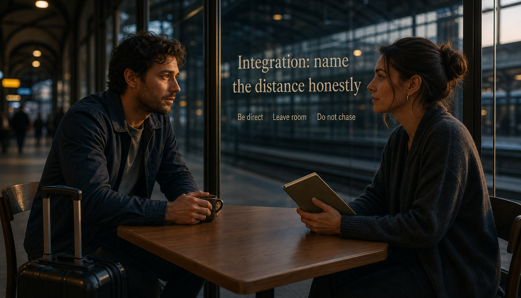 Modern train station cafe scene showing how to name Sagittarius distance honestly